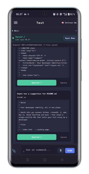 Cepho Play: Test project Synced with Applied changes and Ask or command