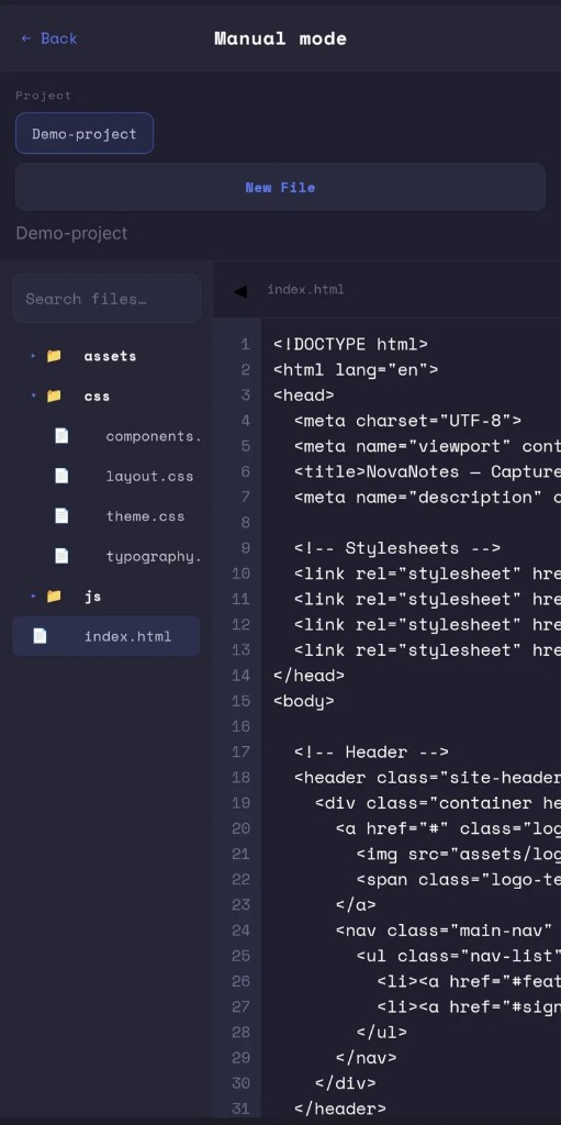 Cepho manual mode with file tree and code editor