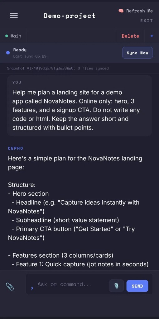 Cepho chat planning a landing page for NovaNotes