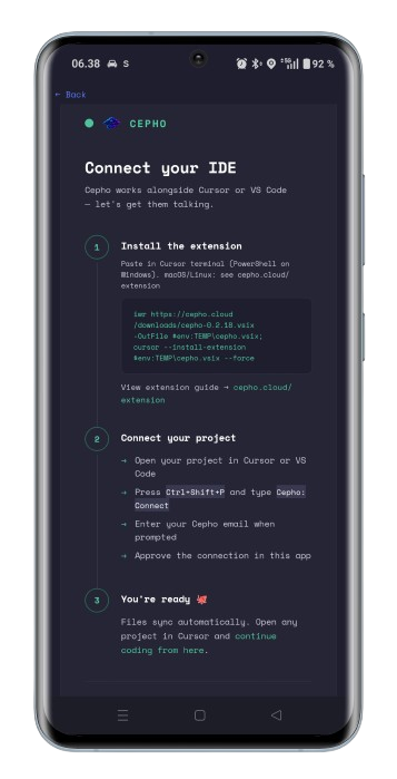 Cepho mobile app connect your IDE screen